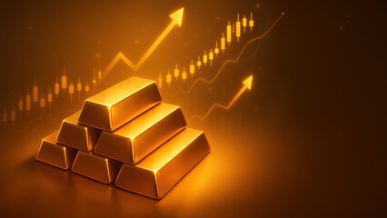 gold bars stacked and surrounded by glowing candlestick charts and upward arrows, suggesting financial success and growth. Gold growth concept
