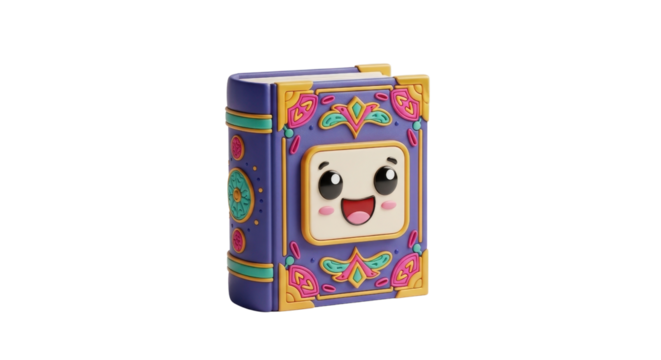 Whimsical purple book with a smiling face, adorned with ornate gold and colorful decorations against a dark backdrop, perfect for story telling.