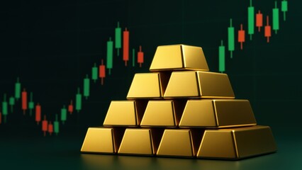 A 3D abstract image featuring stacked gold bars, with a dark gradient background and candlestick graphs symbolizing fluctuating market trends. Gold growth and financial success concept
