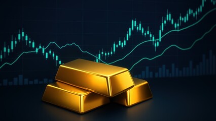 Three shining gold bars on a reflective surface with a glowing financial graph. Blue and green lines show stock market trends, suggesting wealth, precision, and financial success