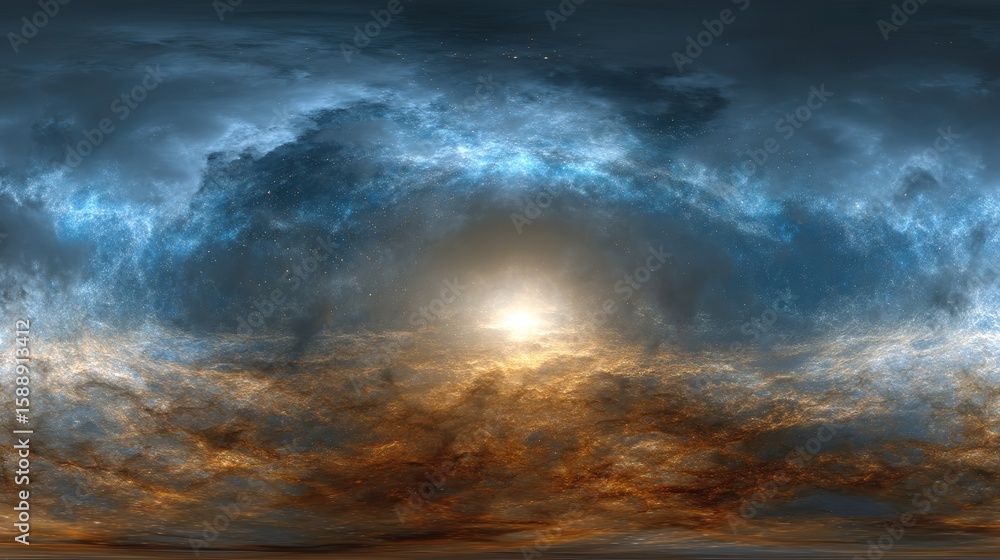 Poster spherical panorama displaying a radiant celestial scene with shimmering clouds and bright cosmic ene