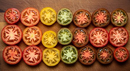 Fototapeta premium Sliced heirloom tomatoes display an array of vibrant colors and intricate patterns, atop wooden surface.