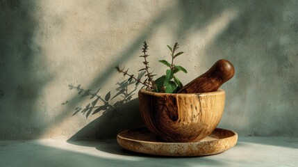 Herbal mortar pestle with fresh green leaves