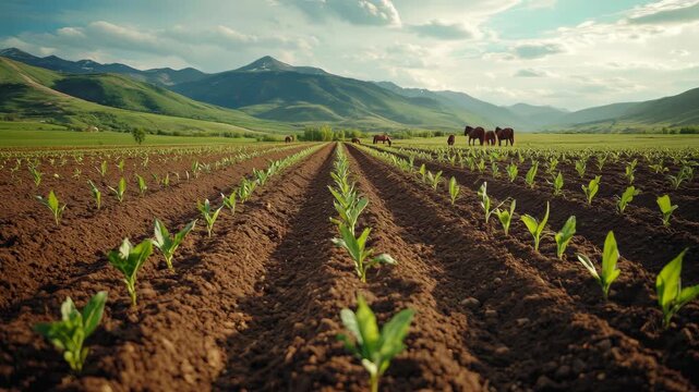 Young Corn Plants in Field with Mountain View