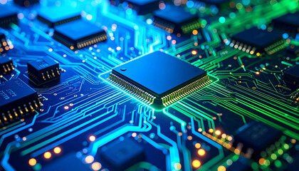Electronic Circuit Board Macro with Glowing Traces