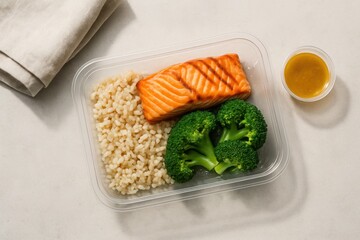 Healthy meal with salmon broccoli and rice in plastic container perfect for diet delivery services fitness food ads and meal prep visuals