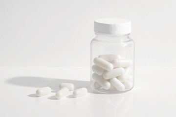 Transparent jar with white capsules on glossy white background ideal for pharmaceutical branding healthcare product advertising and clean supplement design