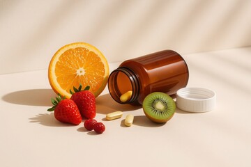 Vitamins with fresh fruits and amber bottle on soft light background ideal for health supplement marketing and natural nutrition visuals