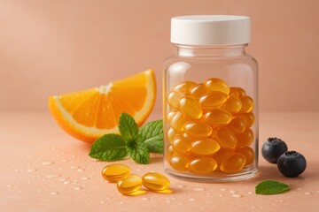 Transparent jar with softgel vitamins and fresh fruits on pastel background ideal for supplement ads health product packaging and wellness campaigns