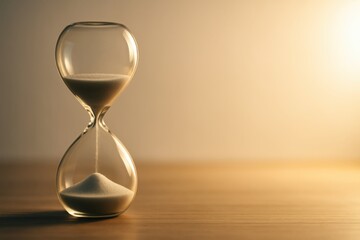 Glass hourglass with white sand on wooden surface lit by warm light symbolizing time management deadlines and productivity focus