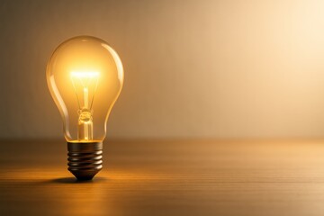 Lit incandescent bulb on wooden table with warm glow perfect for creativity inspiration ideas and startup innovation concepts