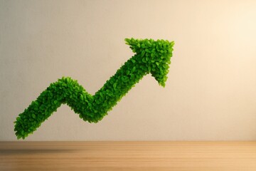 Green arrow made of leaves rising up symbolizing sustainable growth eco progress and business development in environmental context