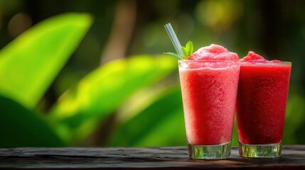 Refreshing strawberry smoothies in nature setting