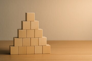 Wooden cubes stacked in pyramid shape on table used in business growth hierarchy and success concept visuals