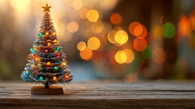 fondo navide&ntilde;o alegre con luces coloridas tipo bokeh en el fondo y arbol de navidad iluminado con luce brillantes y estrella dorada en primer plano sobre tabla de madera rustica, con espacio vacio