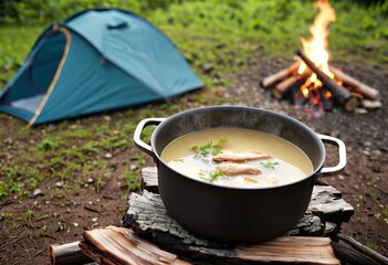 Portrait of a pot of chicken broth near a camping tent in the middle of the forest