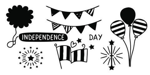 Hand Drawn Independence Day Doodle Elements with Balloons Flag Bunting and Fireworks on Transparent Background