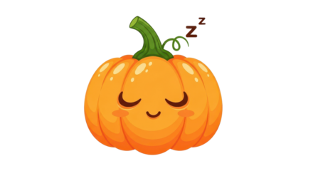 A cute, cartoon pumpkin character sleeps soundly, complete with Zzz symbols and a transparent background for creative designs.