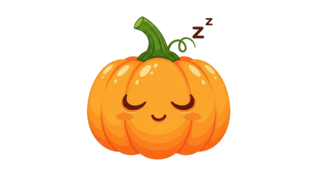A cute, cartoon pumpkin character sleeps soundly, complete with Zzz symbols and a transparent background for creative designs.
