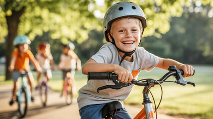 Naklejka premium A daytime outdoor photograph of a young caucasian boy sitting on a silver and orange bicycle, wearing a light blue plaid long-sleeve shirt and a gray helmet