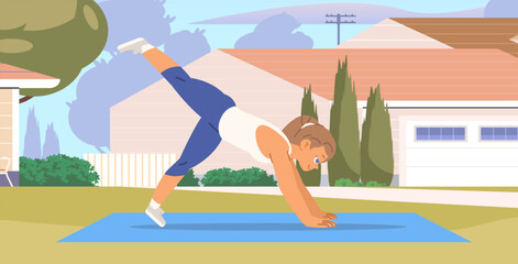 Young fit woman exercising at home front yard. Outdoor training vector illustration