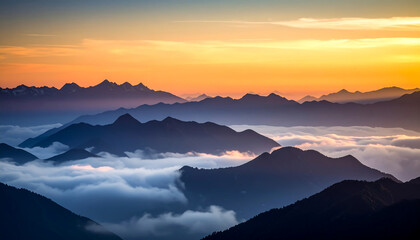 Obraz premium A stunning landscape photograph showcasing the golden hour light hitting the tops mountain