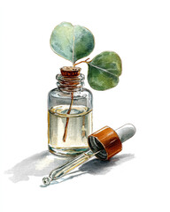 eucalyptus plant in bottle with pipette beauty product watercolor illustration on white