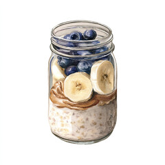 breakfast healthy pudding in a jar banana porridge granola blueberries peanut butter on white watercolor illustration 