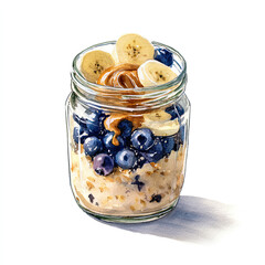 breakfast healthy pudding in a jar banana porridge granola blueberries peanut butter on white watercolor illustration 