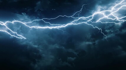 Dark sky lit by dramatic blue lightning bolts striking through the clouds, showing powerful natural energy, thunderstorm weather, and electric atmospheric intensity - Powered by Adobe