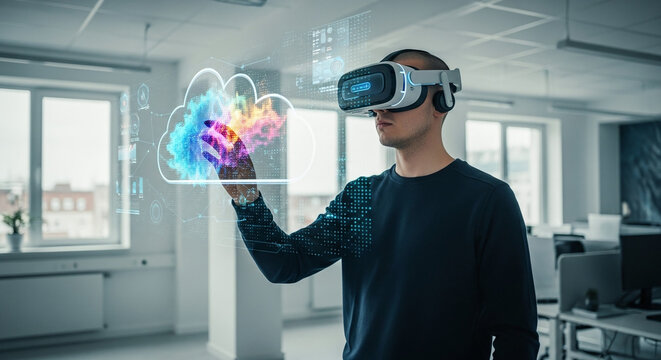 Man Using VR Headset with Holographic Display. Ai generation