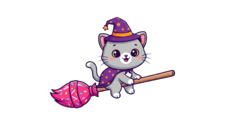 A charming cartoon gray cat dressed as a Halloween witch flies on a magical broomstick across a transparent background.