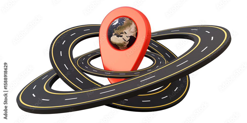 Poster asphalt roads around the red map pin on isolated background. highway roads with map pointer and eart