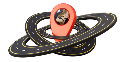 Asphalt roads around the red map pin on isolated background. Highway roads with map pointer and earth globe isolated. Trasportation, navigation, travel or trip elements.