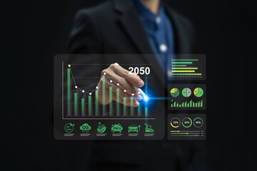 Green business, Net zero and carbon neutral analyze investment sustainability, Businesswoman shows graph carbon reduction target and analyzes investment environmental protection, Green energy, Recycle