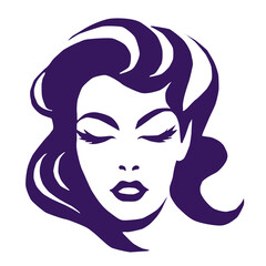 Artistic vector illustration of a woman's face with elegant makeup and closed eyes. Minimalist design in purple tones, ideal for beauty salons, cosmetics, hair salons, and women's brands. 