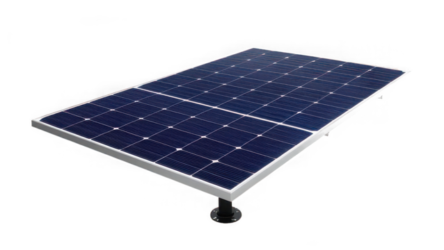 Isolated solar panel with dark blue cells and a silver frame on a black background in a studio shot