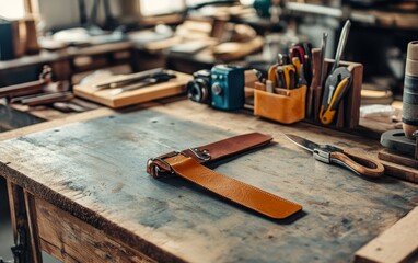 Vintage leather workshop with tools, unfinished products, and a camera on a rustic wooden workbench, embodying craftsmanship and creativity