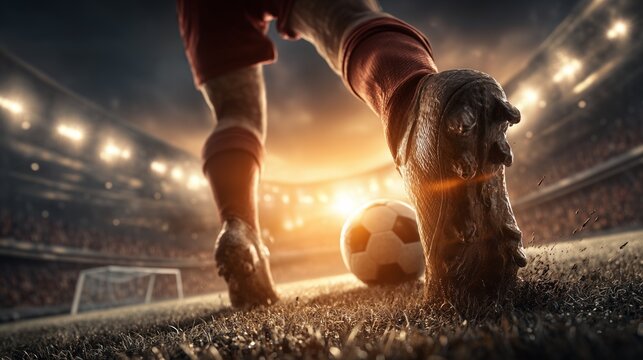 soccer striker kicking ball with powerful motion and shallow depth of field