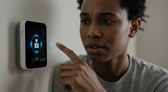 Woman Interacting with Smart Home Security System Finger Touching Screen