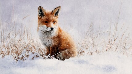 A detailed watercolor painting of a red fox sitting in the snow