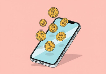 "Digital Gold Rush" &ndash; Cartoon Bitcoin Eruption from Smartphone.