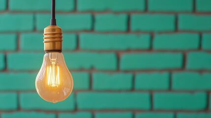 Glowing Edison Bulb Hanging Against Teal Brick Wall