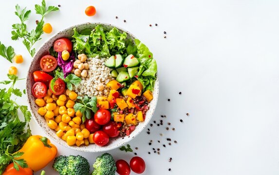Healthy vegetarian Buddha bowl with fresh vegetables, grains, and legumes on white background. Balanced nutrition concept with copy space - Powered by Adobe