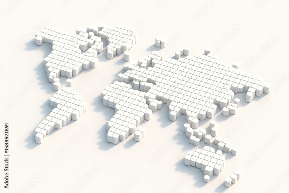 Poster global mosaic: a 3d world map constructed from interconnected cubes, suggesting unity and global int
