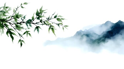 Obraz premium Delicate bamboo leaves branch extends over misty mountain landscape in traditional Asian watercolor style, creating serene minimalist composition.