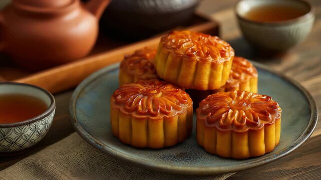 tea and mooncake on a  plate,Mid-Autumn festival	