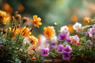 Vibrant garden: bumblebee among colorful wildflowers in sunlight