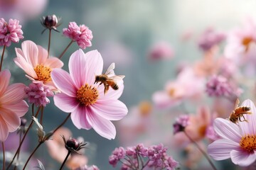 Pink wildflowers and bees in harmony in a serene floral meadow