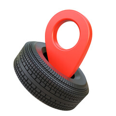 Red map pointer with car wheel on a isolated background. Service location concept tire and map pin. Car wheels service concept. Trasportation, navigation, travel or trip elements.